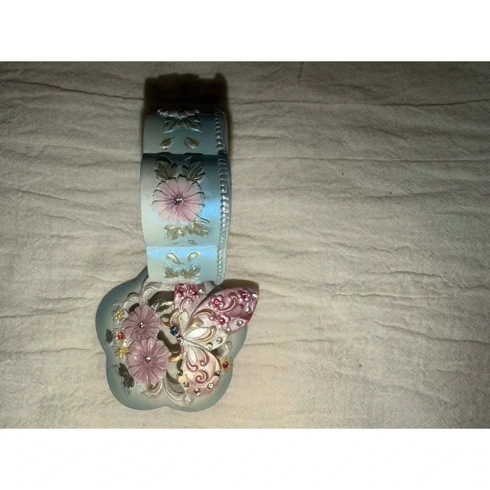 Pink and blue butterfly and floral and rhinestones trinket box 2